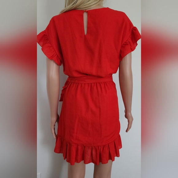 ETOPHE STUDIOS RED ORANGE FAUX WRAP SHOR FRILLS WAIST TIE DRESS LARGE - Picture 10 of 13